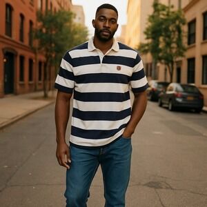 Polo Golf Ralph Lauren Polo Shirt Men L White/Blue Stripe Spread Collared Cotton